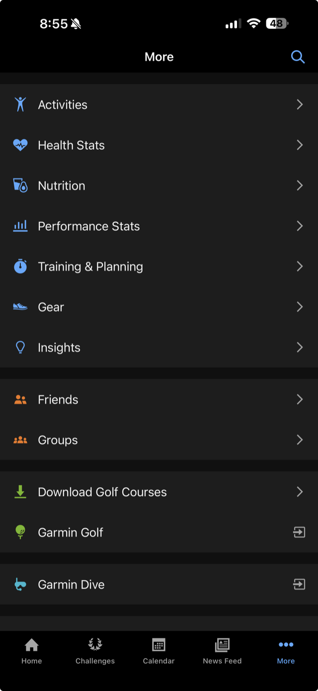 Garmin Connect More tab showing Activities, Health Stats, and other menu items