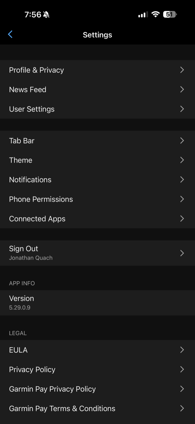 Garmin Connect Settings screen with Connected Apps row visible