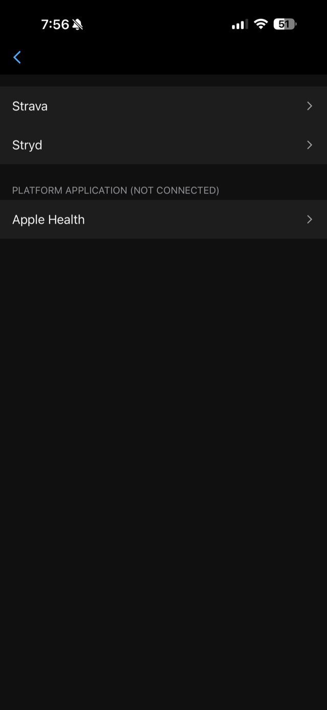 Garmin Connected Apps screen showing Apple Health listed as not connected