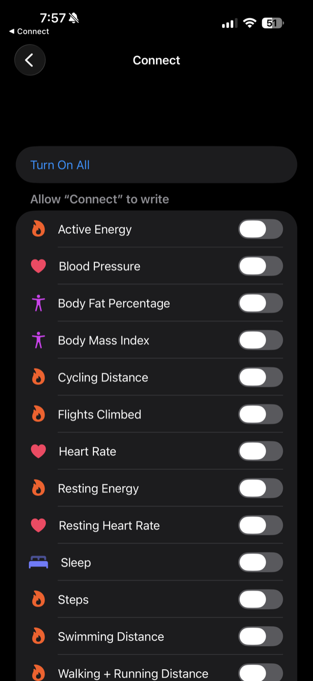 Apple Health write permission sheet for Garmin Connect with all toggles off and a Turn On All button