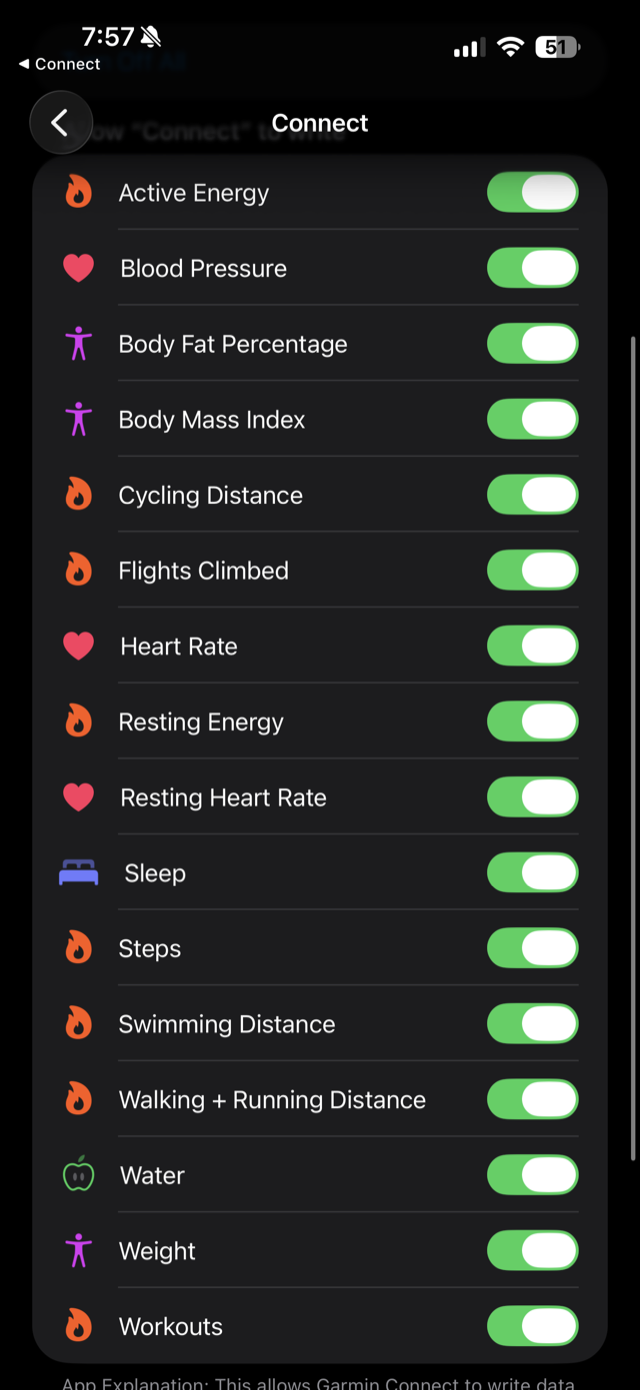 The same permission sheet with every toggle switched on