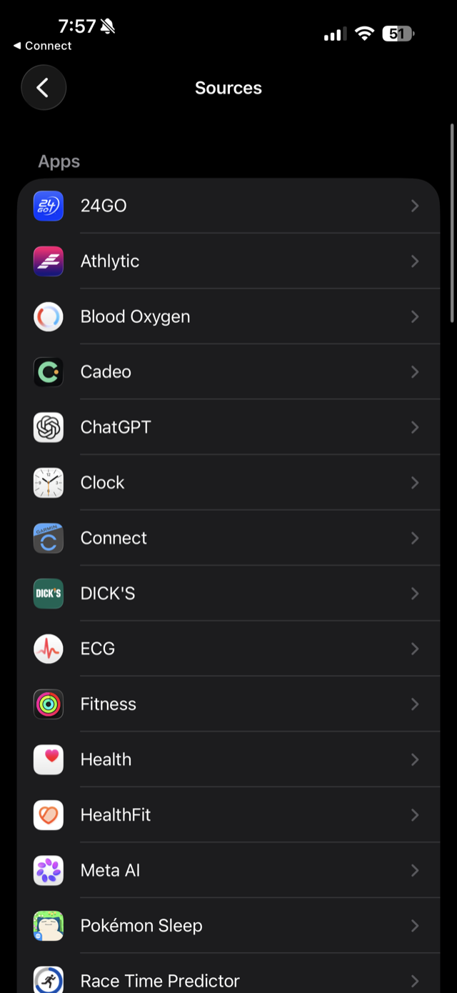 Apple Health Sources screen listing apps including Connect and Cadeo