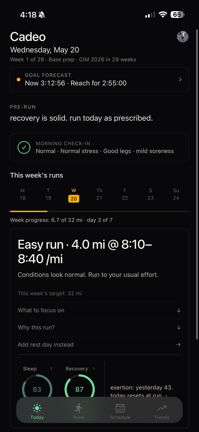Cadeo Today tab — goal forecast, morning readiness, and today's prescribed run